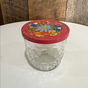 Vintage Ball Quilted Crystal glass 8 oz jelly jar with a pink floral metal lid
